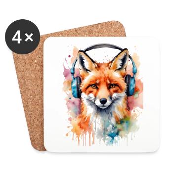 Fuchs Kopfhörer Musik Bunt Tier Design Print - Untersetzer (4er-Set) - Weiß - Vorne