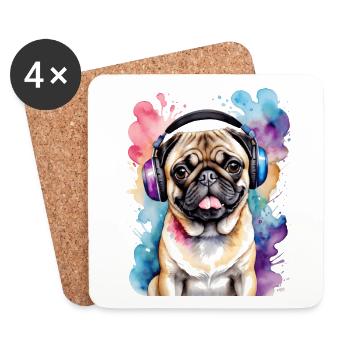 Mops Kopfhörer Hund Bunt Lustig Tier Design Print - Untersetzer (4er-Set) - Weiß - Vorne