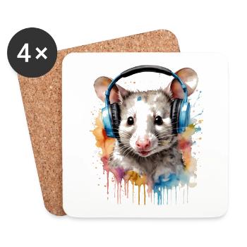 Opossum Kopfhörer Bunt Tier Design Print - Untersetzer (4er-Set) - Weiß - Vorne