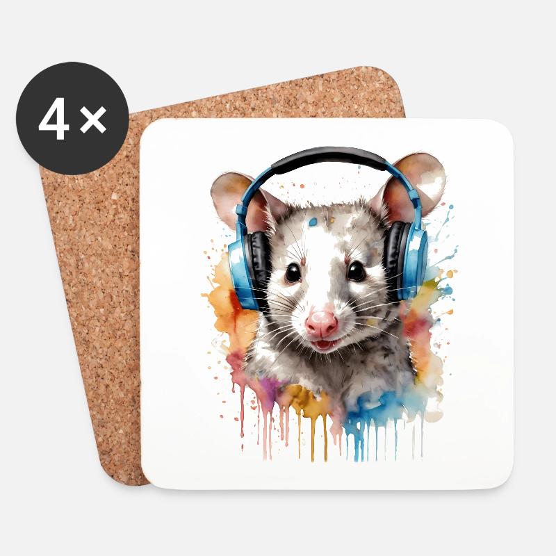 Opossum Kopfhörer Bunt Tier Design Print - Untersetzer (4er-Set) - Weiß