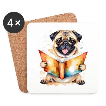 Mops Lesen Buch Hund Bunt Lustig Tier Design Print - Untersetzer (4er-Set) - Weiß - Vorne