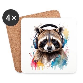 Raccoon Headphones Music Colorful Animal Design Print - Coasters (set of 4) - white - Front