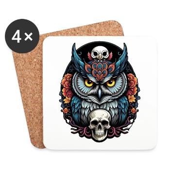 Hibou décoratif avec crâne et pétales de rose - Dessous de verre (lot de 4) - blanc - Devant