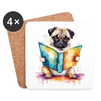 Mops Lesen Buch Hund Bunt Lustig Tier Design Print - Untersetzer (4er-Set) - Weiß - Vorne