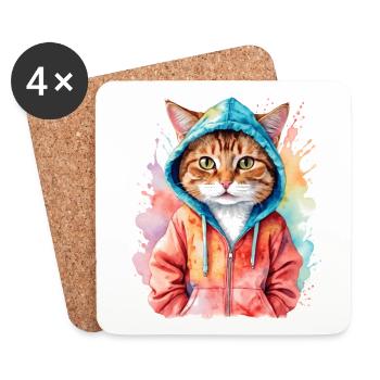Katze Hoodie Bunt Lustig Tier Design Print - Untersetzer (4er-Set) - Weiß - Vorne