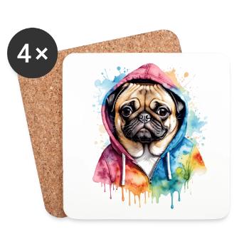 Mops Hoodie Hund Bunt Lustig Tier Design Print - Untersetzer (4er-Set) - Weiß - Vorne