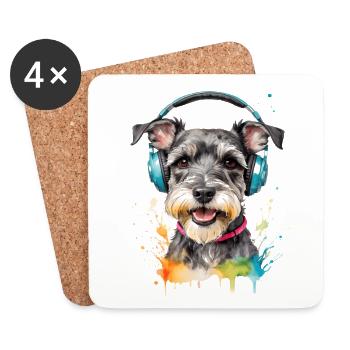 Miniature Schnauzer Headphones Dog Funny Design Print - Coasters (set of 4) - white - Front