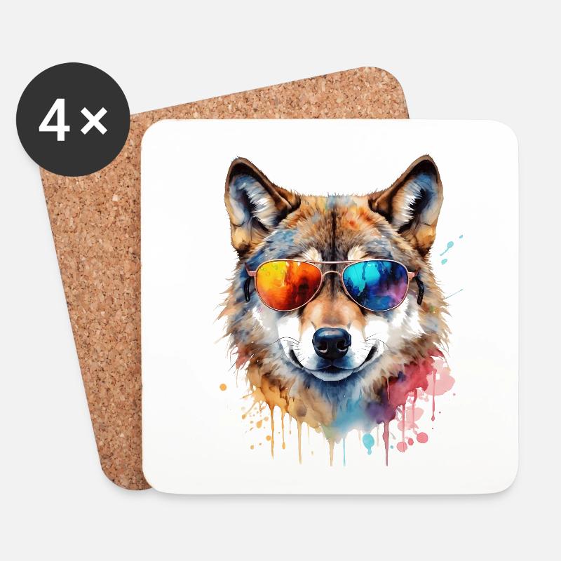 Wolf Sonnenbrille Bunt Tier Design Print - Untersetzer (4er-Set) - Weiß