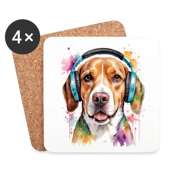 Beagle Kopfhörer Hund Lustig Tier Design Print - Untersetzer (4er-Set) - Weiß - Vorne