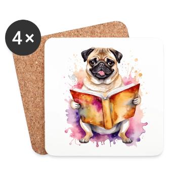 Mops Lesen Buch Hund Bunt Lustig Tier Design Print - Untersetzer (4er-Set) - Weiß - Vorne