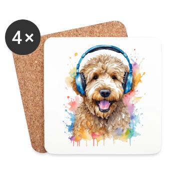 Goldendoodle Headphones Dog Animal Design Print - Coasters (set of 4) - white - Front