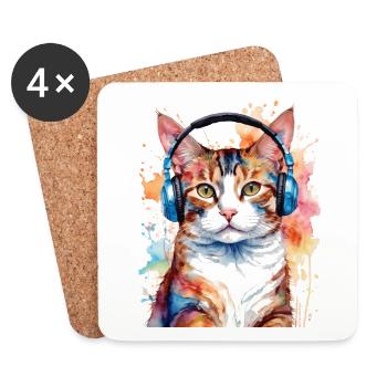 Casque de chat coloré drôle animal Design Print - Dessous de verre (lot de 4) - blanc - Devant