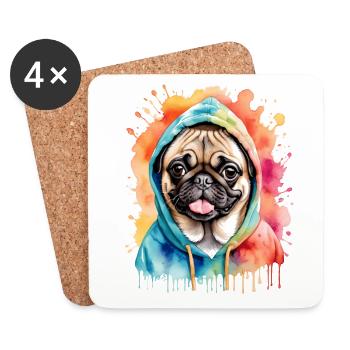 Mops Hoodie Hund Bunt Lustig Tier Design Print - Untersetzer (4er-Set) - Weiß - Vorne