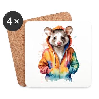Sweat à capuche opossum Imprimé de design d’animal coloré - Dessous de verre (lot de 4) - blanc - Devant