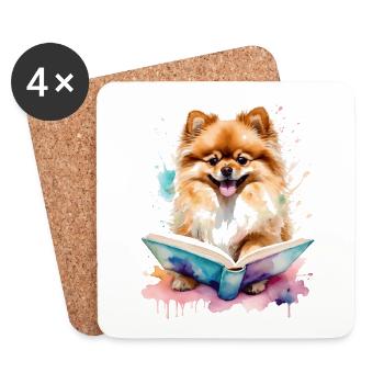 Poméranien Poméranien Livre de lecture Imprimé de chien - Dessous de verre (lot de 4) - blanc - Devant