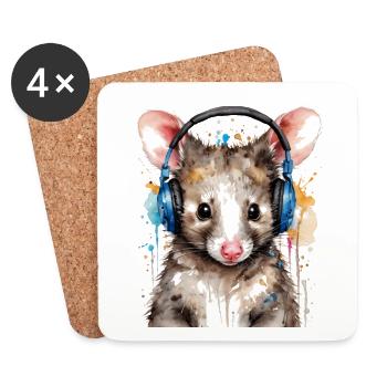 Opossum Kopfhörer Bunt Tier Design Print - Untersetzer (4er-Set) - Weiß - Vorne