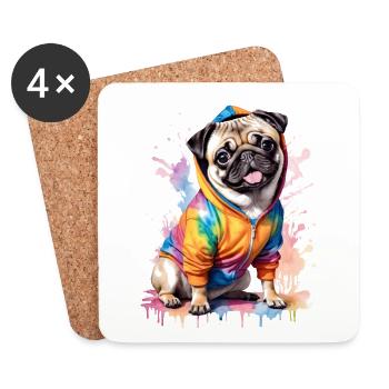 Mops Hoodie Hund Bunt Lustig Tier Design Print - Untersetzer (4er-Set) - Weiß - Vorne