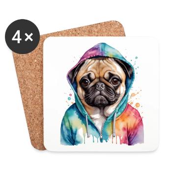 Mops Hoodie Hund Bunt Lustig Tier Design Print - Untersetzer (4er-Set) - Weiß - Vorne