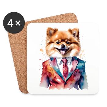 Poméranien Poméranien Costume Chien Imprimé Coloré - Dessous de verre (lot de 4) - blanc - Devant