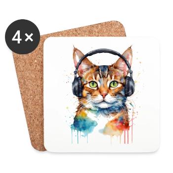 Katze Kopfhörer Bunt Lustig Tier Design Print - Untersetzer (4er-Set) - Weiß - Vorne