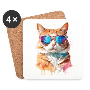 Katze Sonnenbrille Bunt Lustig Tier Design Print - Untersetzer (4er-Set) - Weiß - Vorne