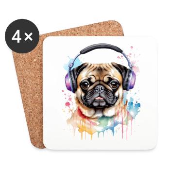 Mops Kopfhörer Hund Bunt Lustig Tier Design Print - Untersetzer (4er-Set) - Weiß - Vorne