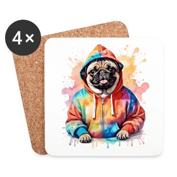 Mops Hoodie Hund Bunt Lustig Tier Design Print - Untersetzer (4er-Set) - Weiß - Vorne