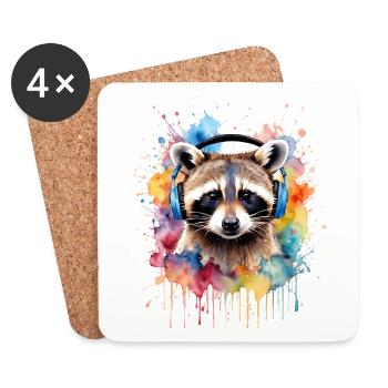 Raccoon Headphones Music Colorful Animal Design Print - Coasters (set of 4) - white - Front