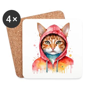 Chat Sweat à capuche Coloré Drôle Animal Design Imprimer - Dessous de verre (lot de 4) - blanc - Devant