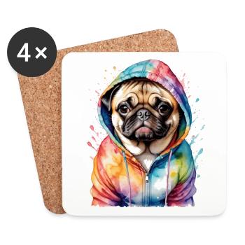 Mops Hoodie Hund Bunt Lustig Tier Design Print - Untersetzer (4er-Set) - Weiß - Vorne
