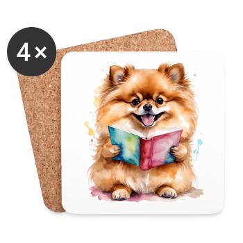 Poméranien Poméranien Livre de lecture Imprimé de chien - Dessous de verre (lot de 4) - blanc - Devant