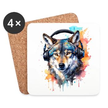 Wolf Headphones Music Colorful Animal Design Print - Coasters (set of 4) - white - Front