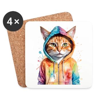 Chat Sweat à capuche Coloré Drôle Animal Design Imprimer - Dessous de verre (lot de 4) - blanc - Devant