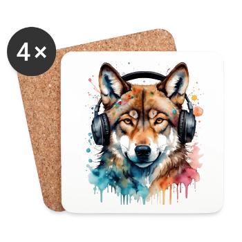 Wolf Headphones Music Colorful Animal Design Print - Coasters (set of 4) - white - Front