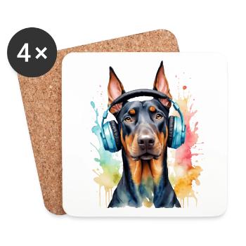 Dobermann Kopfhörer Hund Lustig Tier Design Print - Untersetzer (4er-Set) - Weiß - Vorne