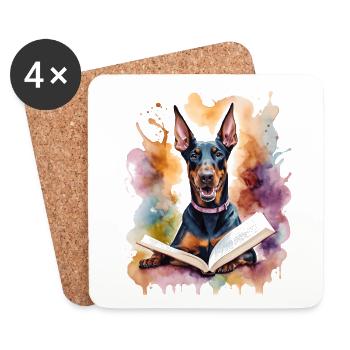 Doberman livre de lecture chien drôle Animal Design impression - Dessous de verre (lot de 4) - blanc - Devant