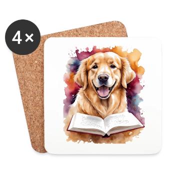 Impression de conception drôle de chien de lecture Golden Retriever - Dessous de verre (lot de 4) - blanc - Devant