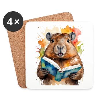 Capybara Reading Book Capy Colorful Animal Design Print - Coasters (set of 4) - white - Front