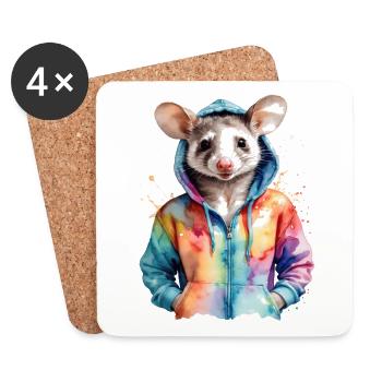 Sweat à capuche Opossum Imprimé de design d’animaux colorés - Dessous de verre (lot de 4) - blanc - Devant