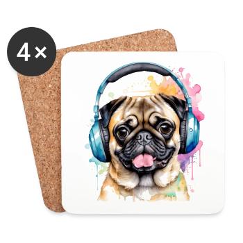Mops Kopfhörer Hund Bunt Lustig Tier Design Print - Untersetzer (4er-Set) - Weiß - Vorne