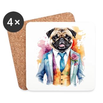 Mops Anzug Hund Bunt Lustig Tier Design Print - Untersetzer (4er-Set) - Weiß - Vorne