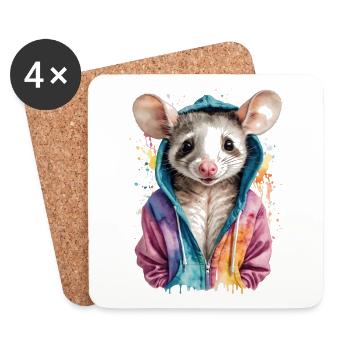 Sweat à capuche Opossum Imprimé de design d’animaux colorés - Dessous de verre (lot de 4) - blanc - Devant