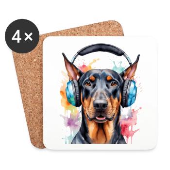 Dobermann Kopfhörer Hund Lustig Tier Design Print - Untersetzer (4er-Set) - Weiß - Vorne