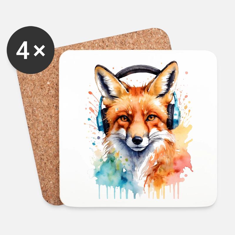 Fuchs Kopfhörer Musik Bunt Tier Design Print - Untersetzer (4er-Set) - Weiß