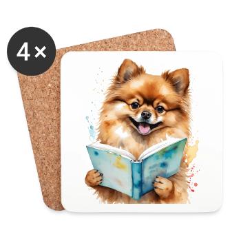 Poméranien Poméranien Lecture Livre Chien Imprimer - Dessous de verre (lot de 4) - blanc - Devant