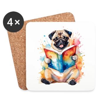 Mops Lesen Buch Hund Bunt Lustig Tier Design Print - Untersetzer (4er-Set) - Weiß - Vorne