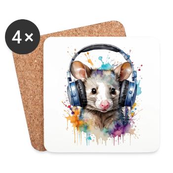 Opossum Kopfhörer Bunt Tier Design Print - Untersetzer (4er-Set) - Weiß - Vorne