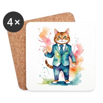 Katze Anzug Bunt Lustig Lustig Tier Design Print - Untersetzer (4er-Set) - Weiß - Vorne