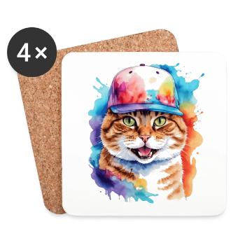 Chat Snapback Cap Coloré Drôle Animal Design Imprimer - Dessous de verre (lot de 4) - blanc - Devant
