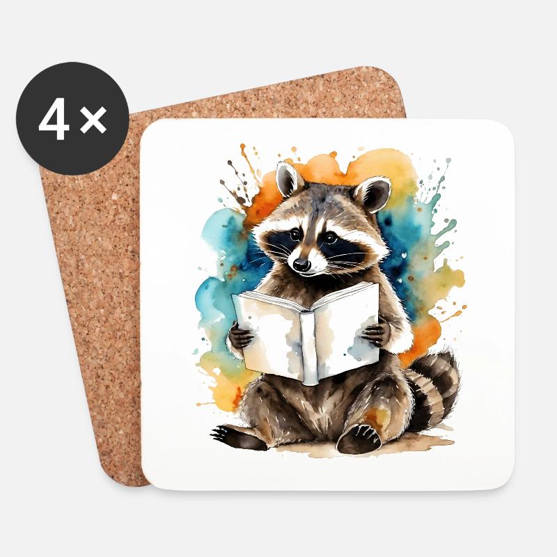 Waschbär Lesen Buch Bunt Tier Design Print - Untersetzer (4er-Set) - Weiß